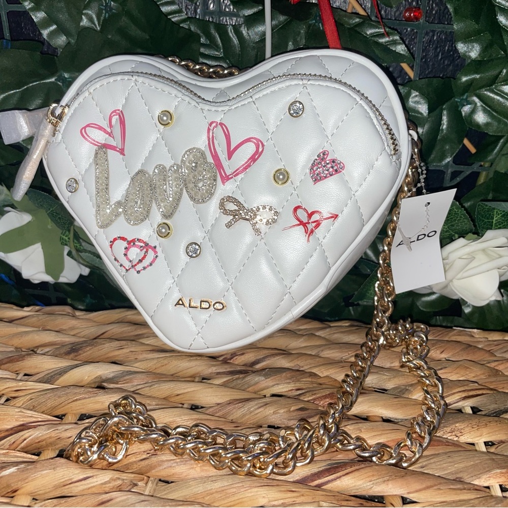 ALDO White Quilted Heart Crossbody with Gold Chain